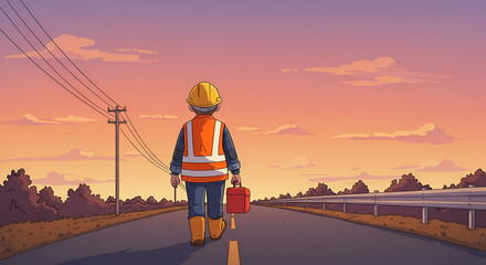 Solitary Worker Walking on Rural Road at Sunset Illustration