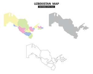 Uzbekistan map variations are colour coded by regions, solid grey silhouette and outlined with regional borders.	
