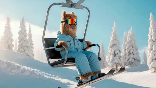Llama in ski gear rides chairlift on snowy mountain with pine trees against clear blue sky.