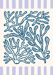 Underwater outline seaweeds, corals, florals vector illustration. Minimalist retro ocean poster design with sea plants