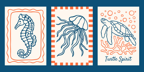 Underwater ocean creatures vector posters set. Minimalist retro print designs with outline seahorse, jellyfish, sea turtle illustrations in whimsical frames