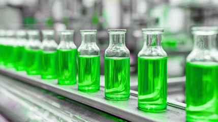 Glass bottles filled with green liquid move along a conveyor belt during the manufacturing process in a factory or laboratory