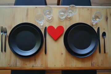 Romantic dining setup with black plates and heart centerpiece for special occasions