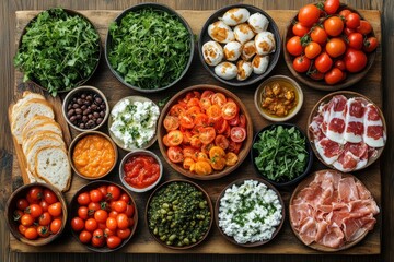 A vibrant arrangement of fresh vegetables, herbs, and cheeses is designed for advertising purposes