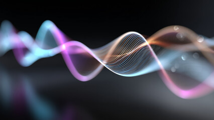 An abstract image of waves intersecting on a dark background, creating bright and dark interference bands. Smooth and sinusoidal waves converge symmetrically, symbolizing motion and balance.