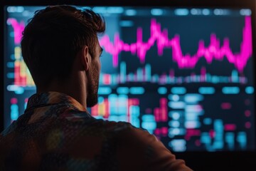 Man analyzing Bitcoin trends and price movements in a digital workspace