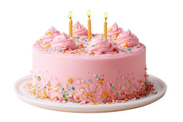 Delicious pink birthday cake with candles and sprinkles on transparent background