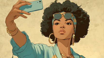 Young woman with curly hair taking a selfie in a vibrant outfit against a textured background