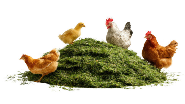 Two brown hens, a white rooster, and a yellow chick perched on a pile of fresh grass clippings, isolated on a transparent background for agricultural themes