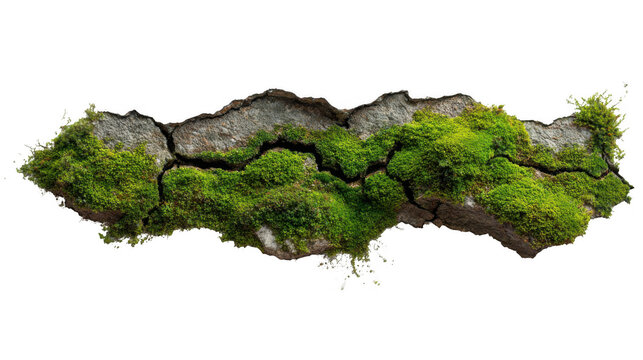 Vibrant green moss thrives in the cracks of a weathered wall, creating a striking contrast against the gray stone on a transparent background, ideal for nature themed compositions