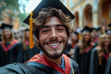 Proud student celebrates graduation with diploma and friends in beautiful outdoor setting