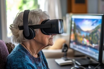 Senior citizen participates in online tech class using virtual reality headset