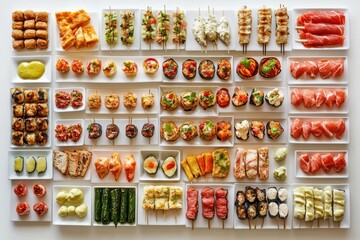 Assorted tapas display featuring various finger foods arranged on a long white table