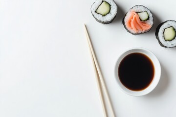 Vegan sushi rolls with fresh vegetables, pickled ginger, and soy sauce on a white surface