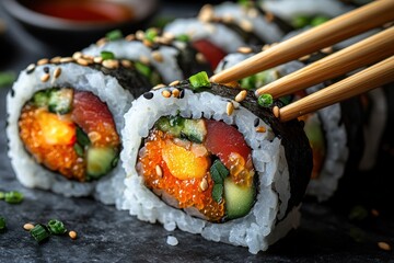 Vegan sushi rolls served with soy sauce and chopsticks for a delightful dining experience