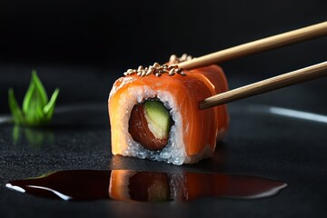 Vegan sushi rolls presented with chopsticks and soy sauce on a dark background
