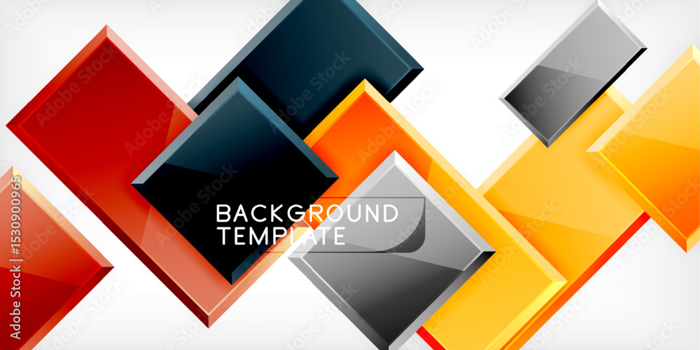 Poster Abstract geometric design. Shiny squares overlap, creating dynamic visual effect. Colors include red, orange, gray, black. Modern template.