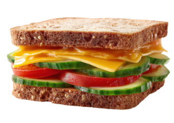 Delicious sandwich with cheese tomato and cucumber on whole wheat bread on transparent background