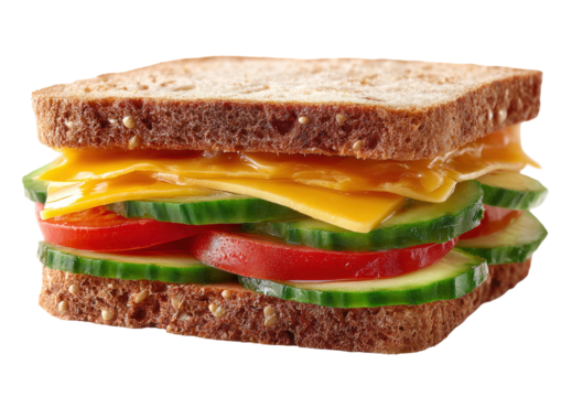 Delicious sandwich with cheese tomato and cucumber on whole wheat bread on transparent background