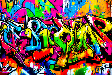 Obraz premium Colorful Urban Graffiti Art on Wall – Street Style Mural Illustration. Vibrant and dynamic graffiti artwork painted on a city wall, featuring bold lettering, vivid colors, and floral elements.