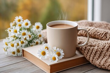 Steaming cup of coffee with chamomile flowers and book by window in autumn