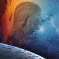 Silhouette of woman on space background.