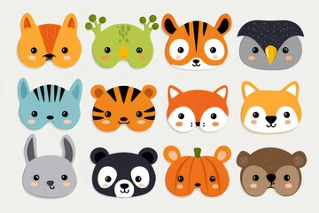 Fototapeta premium Adorable animal masks collection featuring kawaii designs for kids parties