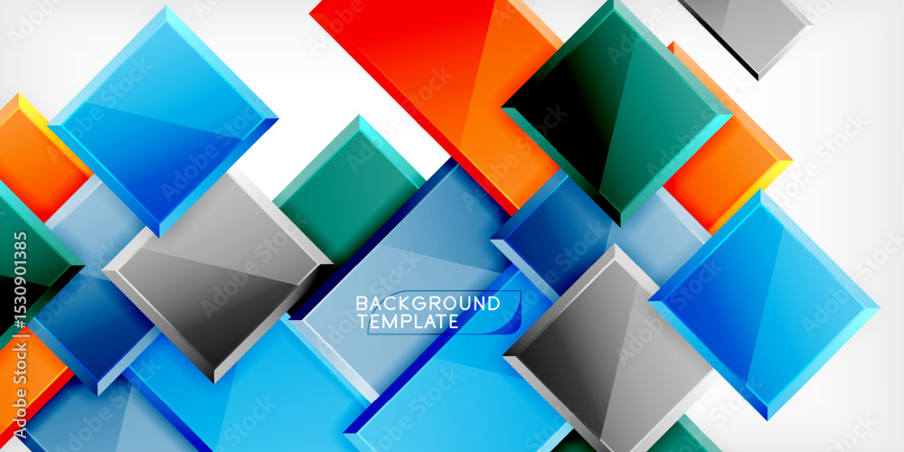 Poster Bright geometric shapes overlap, creating dynamic abstract composition. Colors include blue, orange, green, gray. Modern design element.