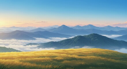 Obraz premium Anime Style Mountain Landscape with Golden Field and Fog