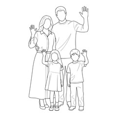 Faceless Family of Four Waving Line Art