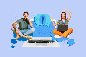 Contemporary image art collage of happy girl guy stand laptop bubble notification exclamation mark...