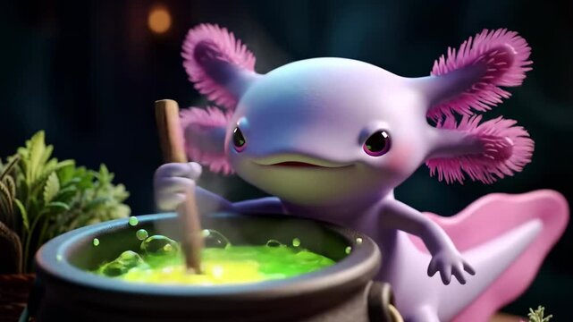 Cute axolotl mixing magical potion
