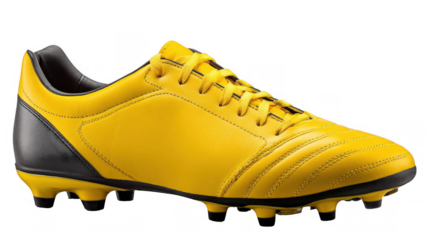 Yellow soccer shoe featuring black studs, hovering against a transparent background, ideal for enhancing sports related designs and creating eye catching promotional materials