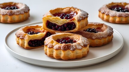 Fototapeta premium Freshly baked puff pastry filled with sweet berry filling dusted with powdered sugar presented on a white plate ready to be enjoyed
