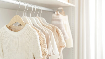Neutral clothes hanging on a rail in a bright, organized closet, background