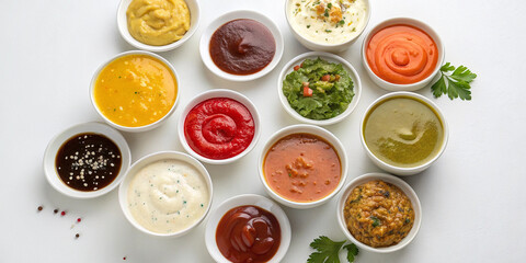 Sauces in Bowls on White Background