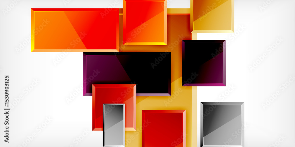 Poster abstract geometric shapes overlap, creating vibrant color contrasts. rectangles vary size, texture, 