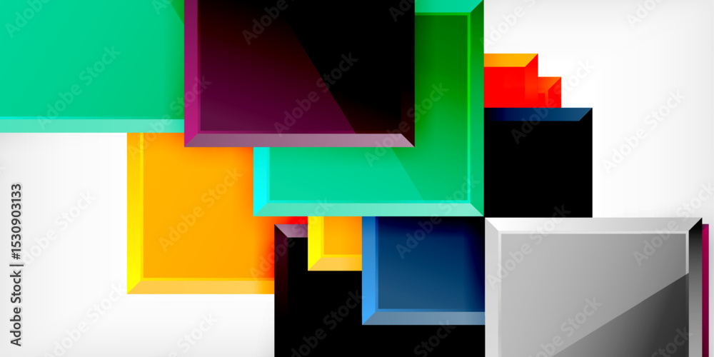 Poster abstract geometric shapes overlap, creating vibrant color contrasts against dark background. modern 