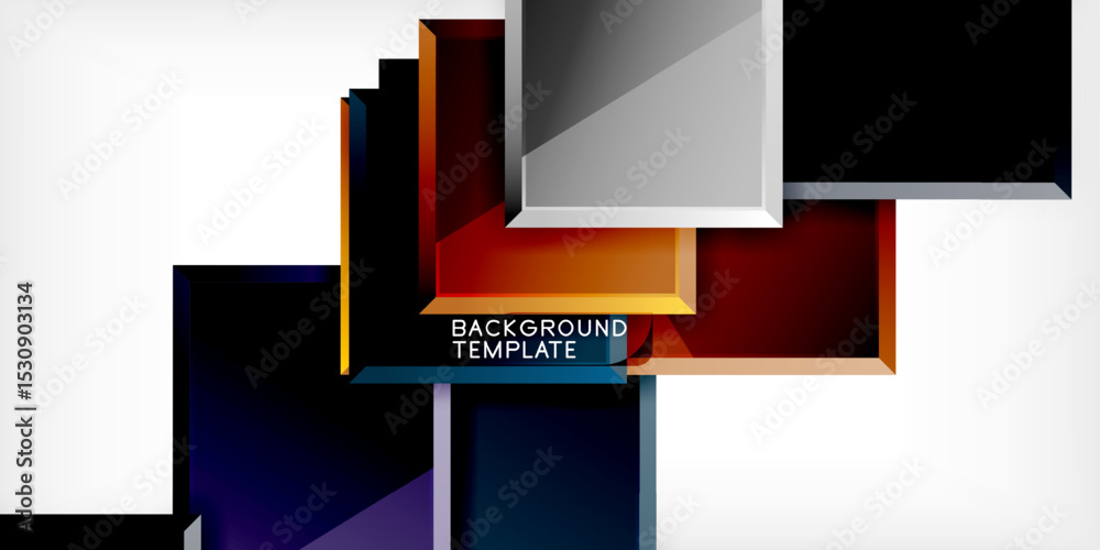 Poster Abstract geometric shapes overlap, creating dynamic visual effect. Colors include red, blue, gold, black, white. Modern design element.