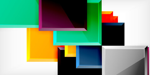Fototapeta premium Abstract geometric shapes overlap, creating vibrant color contrasts against dark background. Modern design, clean lines, bold composition.