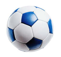 Classic blue and white soccer ball close up on transparent background