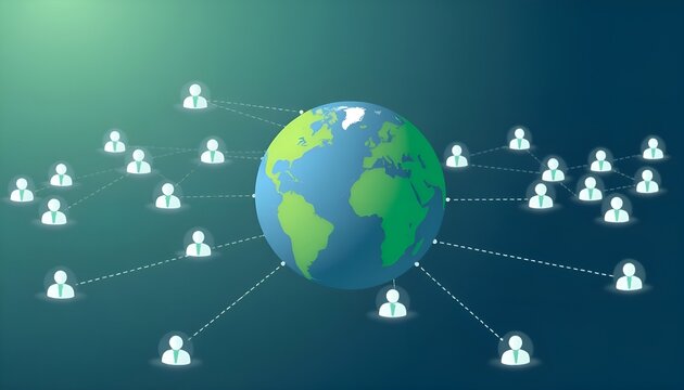 Concept of global networking with diverse individuals connected around a 3D globe illustration
