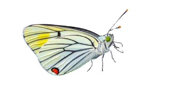 Closeup of a delicate butterfly with intricate multicolored wing patterns perched on a leaf in a natural outdoor setting