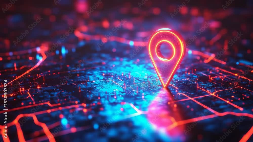 Poster Glowing red map pin on digital map with neon lights, futuristic location concept