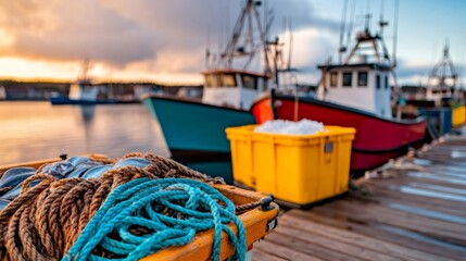 Obraz premium Fresh fish and rope resting on a dock at sunrise with fishing boats in background
