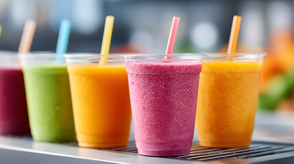 Colorful smoothie drinks in clear cups lined up on a counter, showcasing vibrant flavors and refreshing textures for a healthy lifestyle. Selective focus