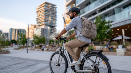 A commuter rides an electric bike along a city sidewalk, dressed in business-casual attire with a backpack, blending urban mobility with eco-conscious travel in a modern, active lifestyle scene.