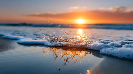 Ocean waves crashing on sandy beach at sunset, creating splashes of water and reflections, capturing the beauty of nature and tranquility. Selective focus