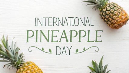 Celebrating International Pineapple Day: Fresh Fruit, Green Lettering, and White Wood Backdrop.