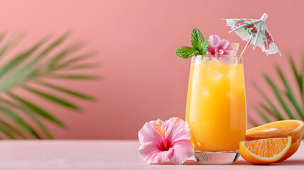 Refreshing tropical cocktail garnished with vibrant flowers and a decorative umbrella, set against a soft pink background with palm leaves. Selective focus